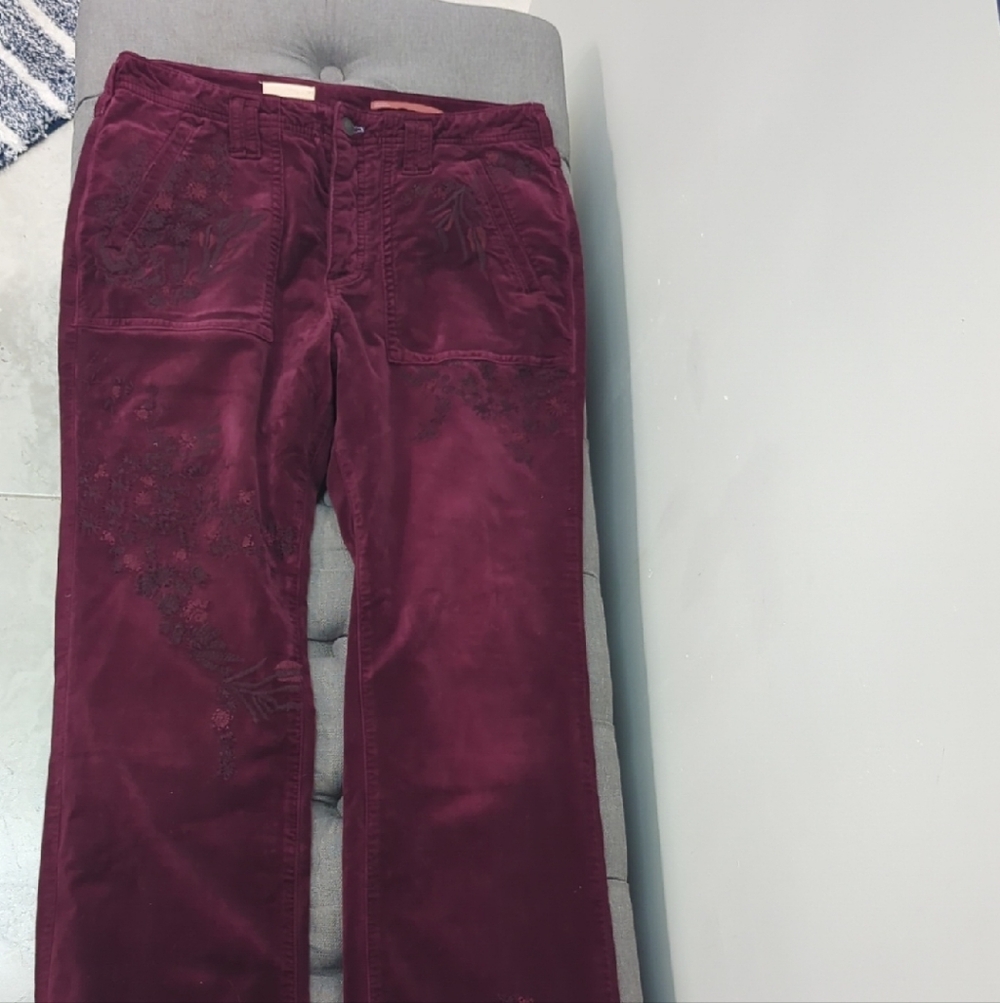 Pilcro Burgundy Velvet Pants With Flower Stitching